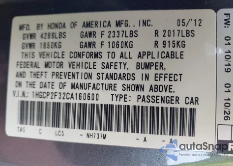 2012 Honda Accord 2.4 Lx from USA, damaged, VIN 1HGCP2F32CA160600